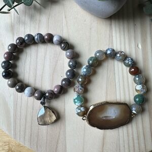 Two Stretchy‎ Bracelets Smoky Quartz Agate Stones Gemstones Petrified Wood Beads